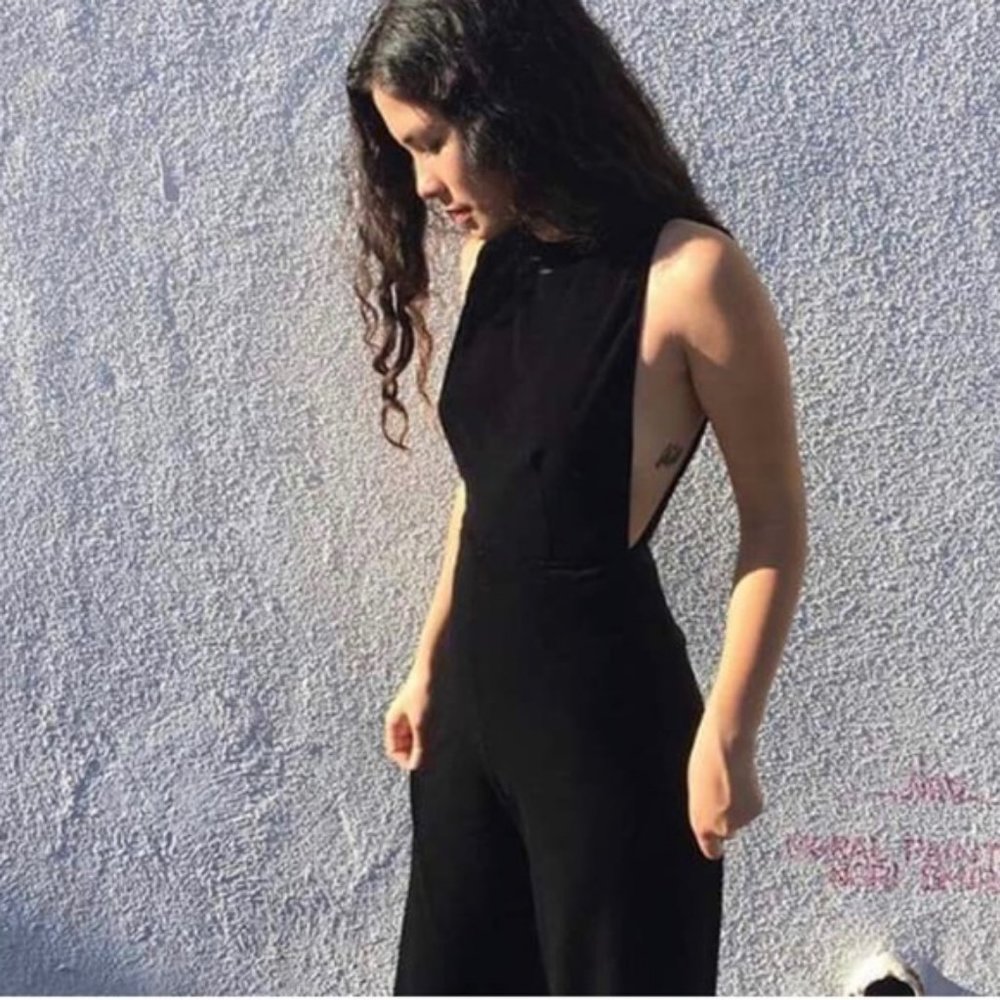 American Apparel Black Velvet Wide Leg Jumpsuit w/ Open Back - Large